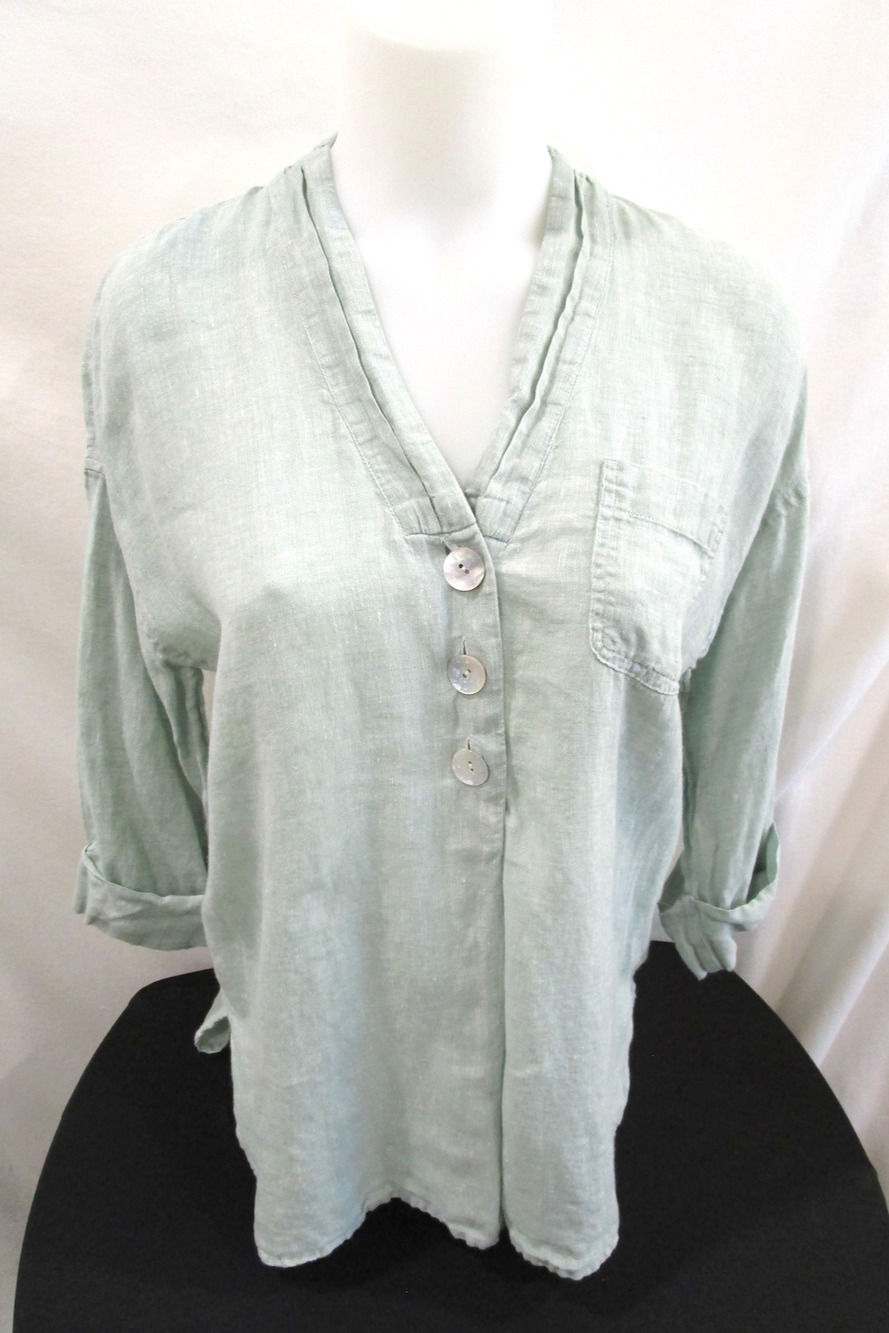 J. Jill Pure Jill Green 100% Linen V Neck Tunic Top Women Sz Petite S
